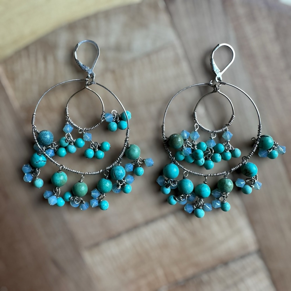 Vintage Hoop Dangle Earrings 2.5 Inch Turquoise Crystal Beads 925 Sterling 14.6g